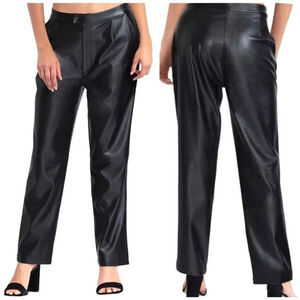 H Halston Faux Leather Pants MEDIUM Women High Rise Straight Ankle Black $89 NEW